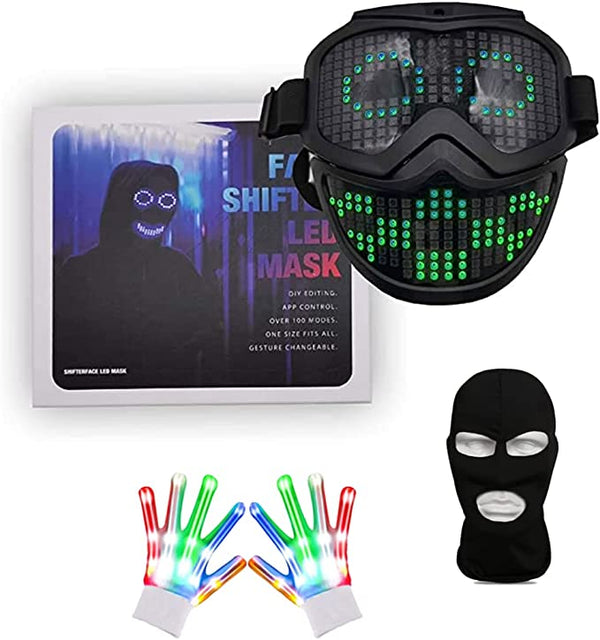 Shifter-face LED Bluetooth App Mask, USB-C Charger + LED Gloves + Black Mask (Pack of 3) - PXL Stores